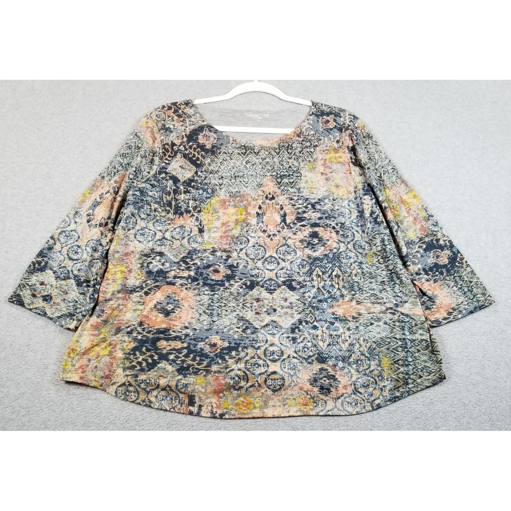 Coldwater Creek Top Womens 1X MultiColor Boho Medallion Print 3/4 Sleeve Stretch